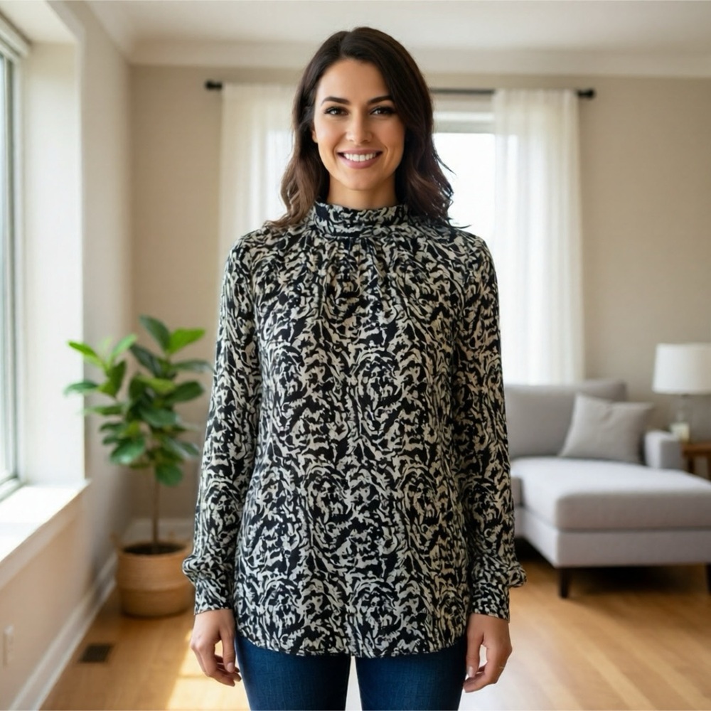 H&M Black and Beige Gold Patterned Blouse- New Never Worn